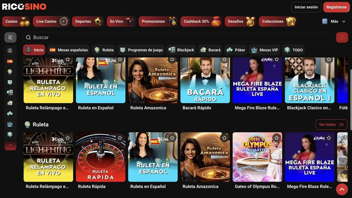 Captura de la zona Live Casino de ricosino.com con las pestañas Mesas españolas, Ruleta y Blackjack y mesas como Ruleta en Español y Ruleta Amazónica