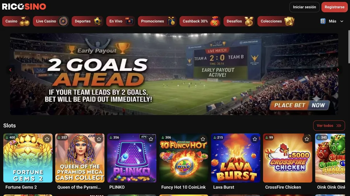 Captura de la portada de ricosino.com con el menú superior, un banner deportivo y una fila de slots populares