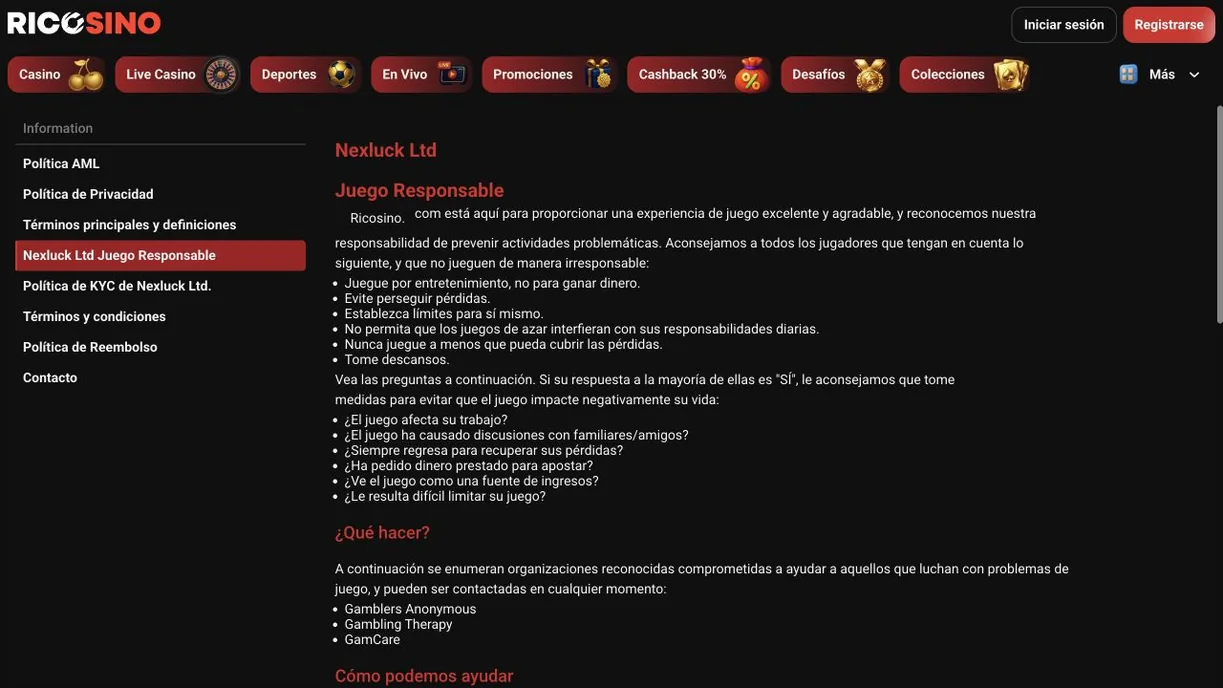 Captura de la página Nexluck Ltd Juego Responsable de ricosino.com con consejos, preguntas de autoevaluación y organizaciones de ayuda