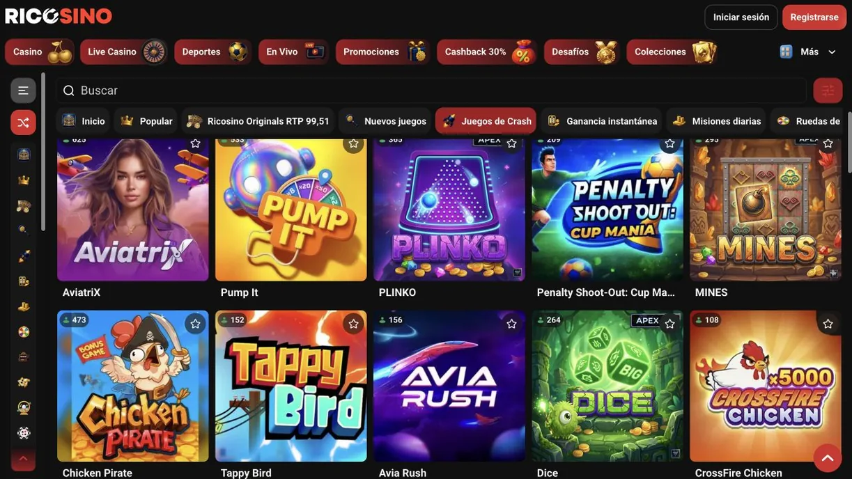 Captura de la categoría Juegos de Crash de ricosino.com con AviatriX, Pump It, PLINKO, MINES y Avia Rush