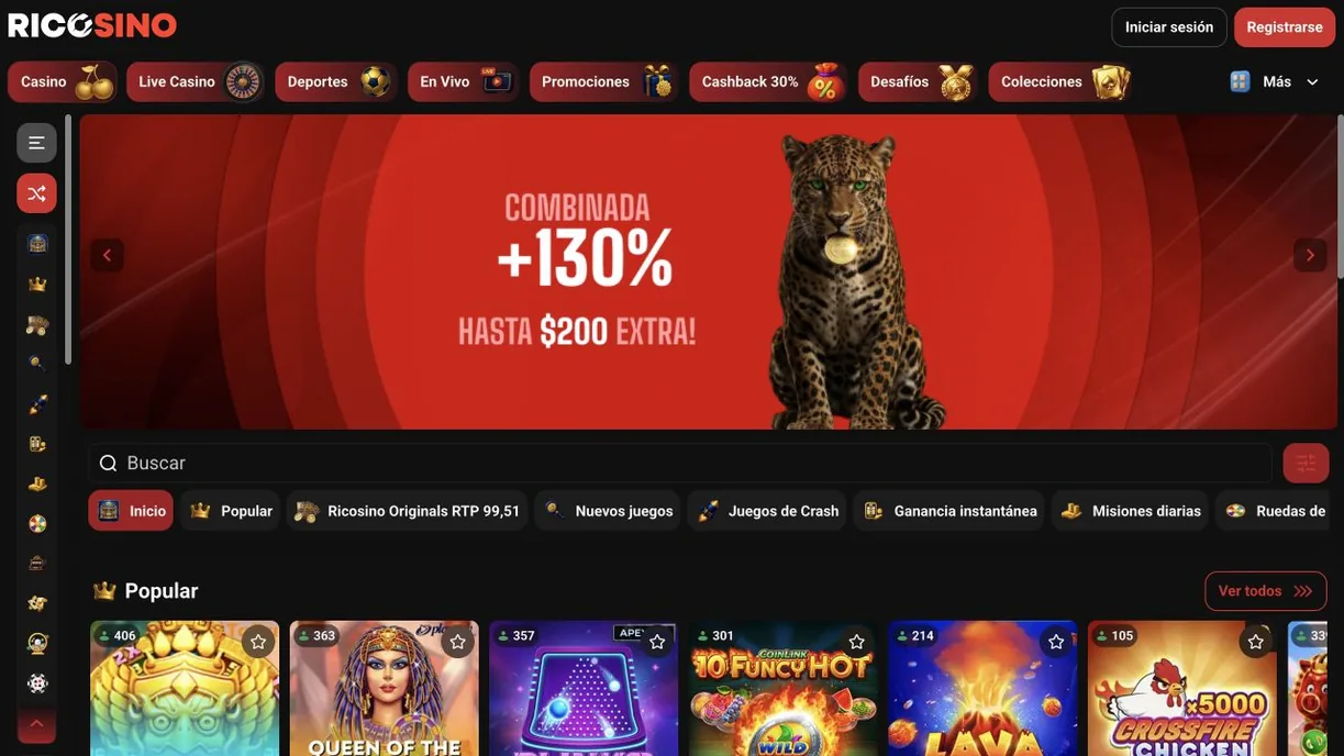Captura de la portada argentina de ricosino.com con el banner Combinada +130% hasta $200 extra y una fila de slots populares