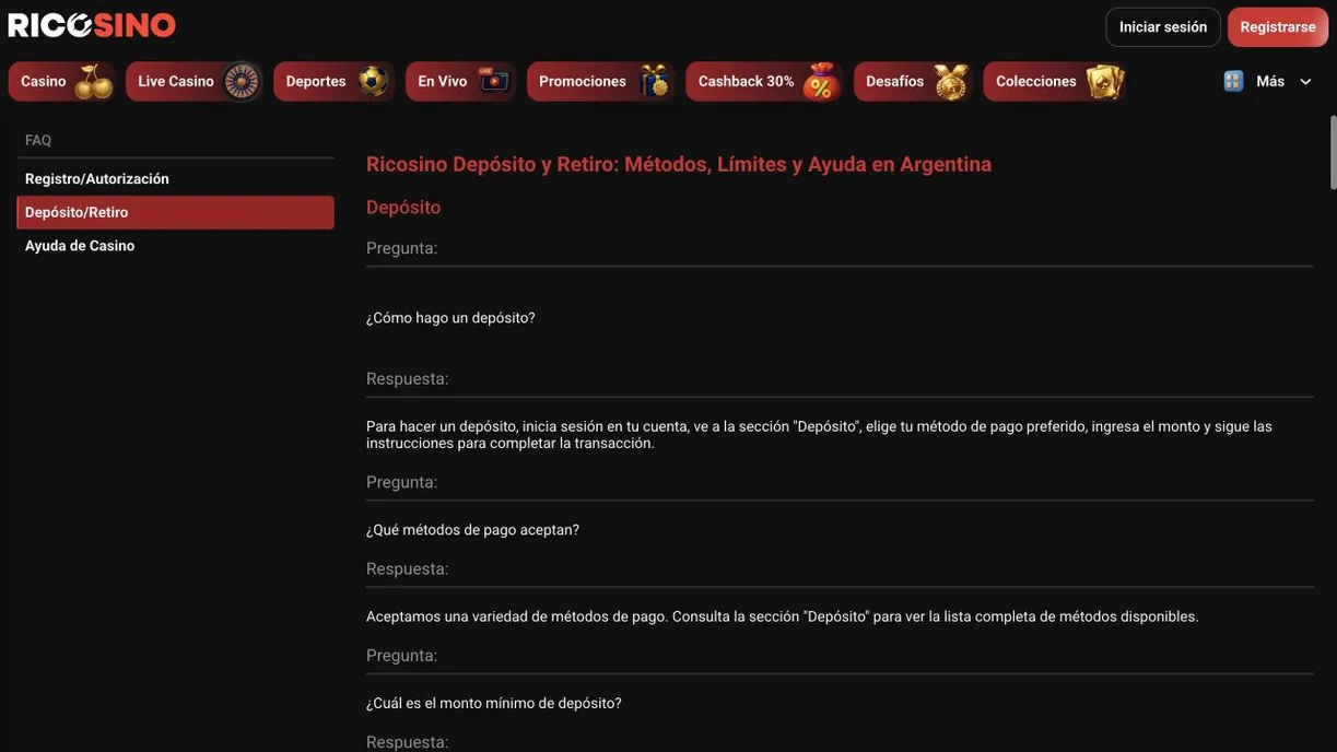 Captura de la FAQ de depósito y retiro de ricosino.com con la respuesta Consulta la sección Depósito