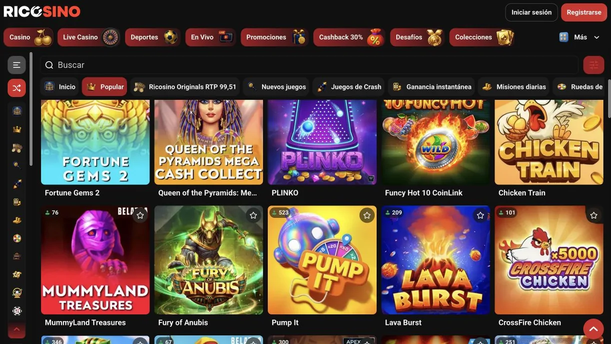 Captura de la categoría Popular de ricosino.com con Fortune Gems 2, Queen of the Pyramids, PLINKO y otras miniaturas