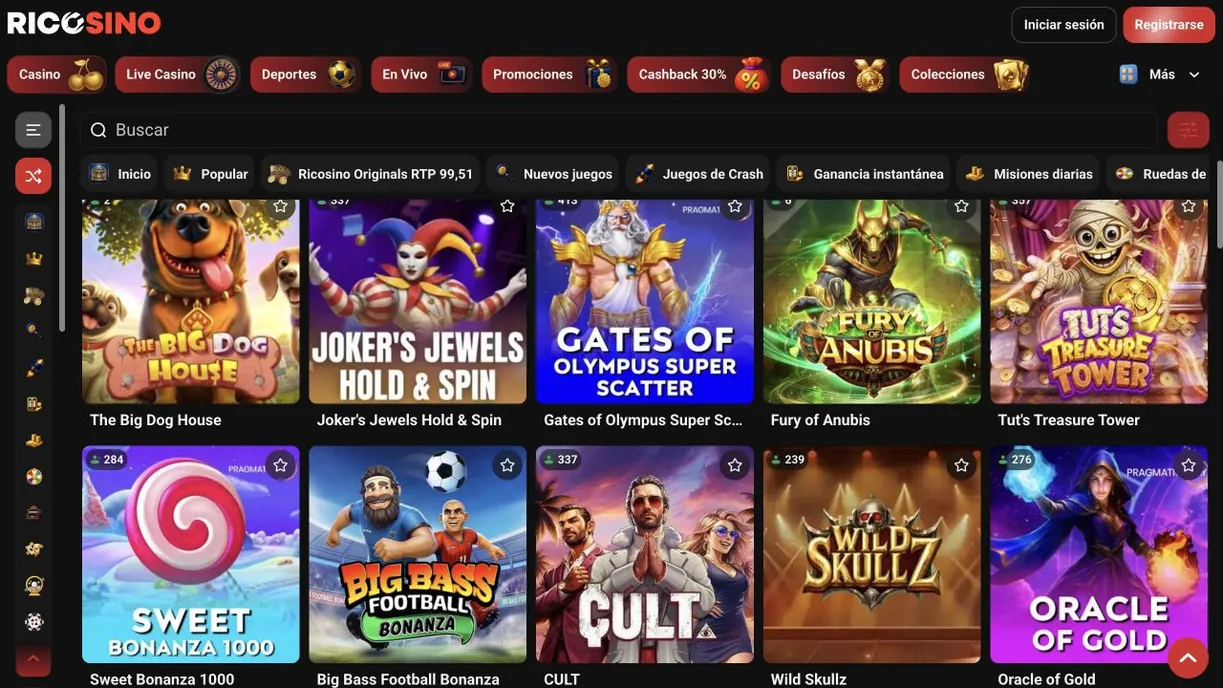 Captura del lobby de ricosino.com con juegos de Pragmatic Play como The Big Dog House, Sweet Bonanza 1000 y Gates of Olympus Super Scatter
