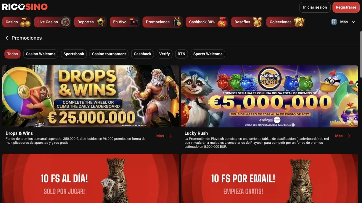 Captura de la página Promociones de ricosino.com con las pestañas de filtro y las tarjetas Drops & Wins y Lucky Rush
