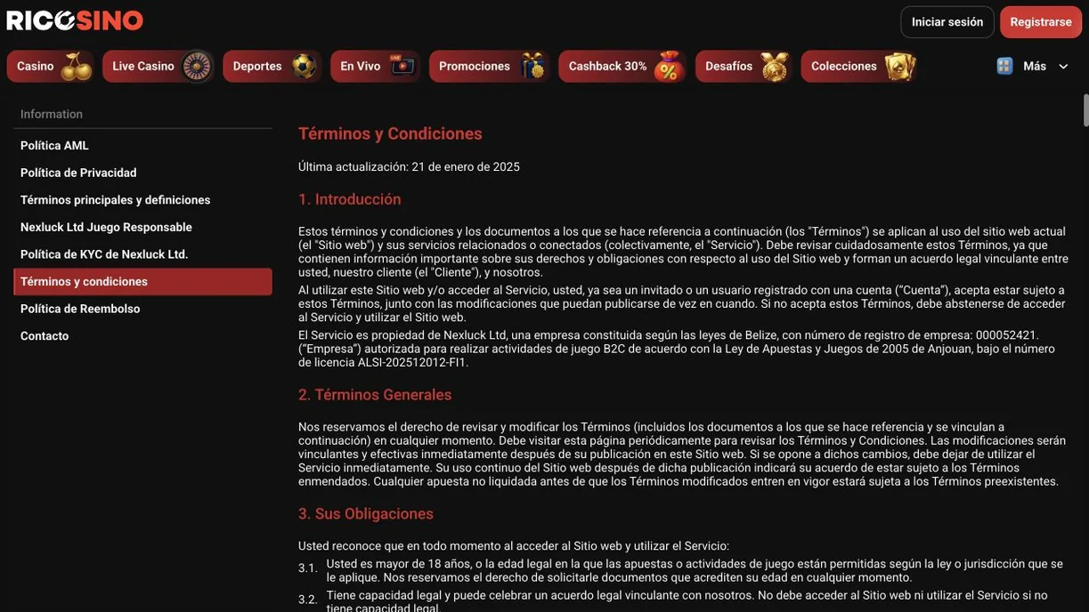 Captura de los Términos y Condiciones de ricosino.com con la fecha 21 de enero de 2025 y el párrafo sobre Nexluck Ltd