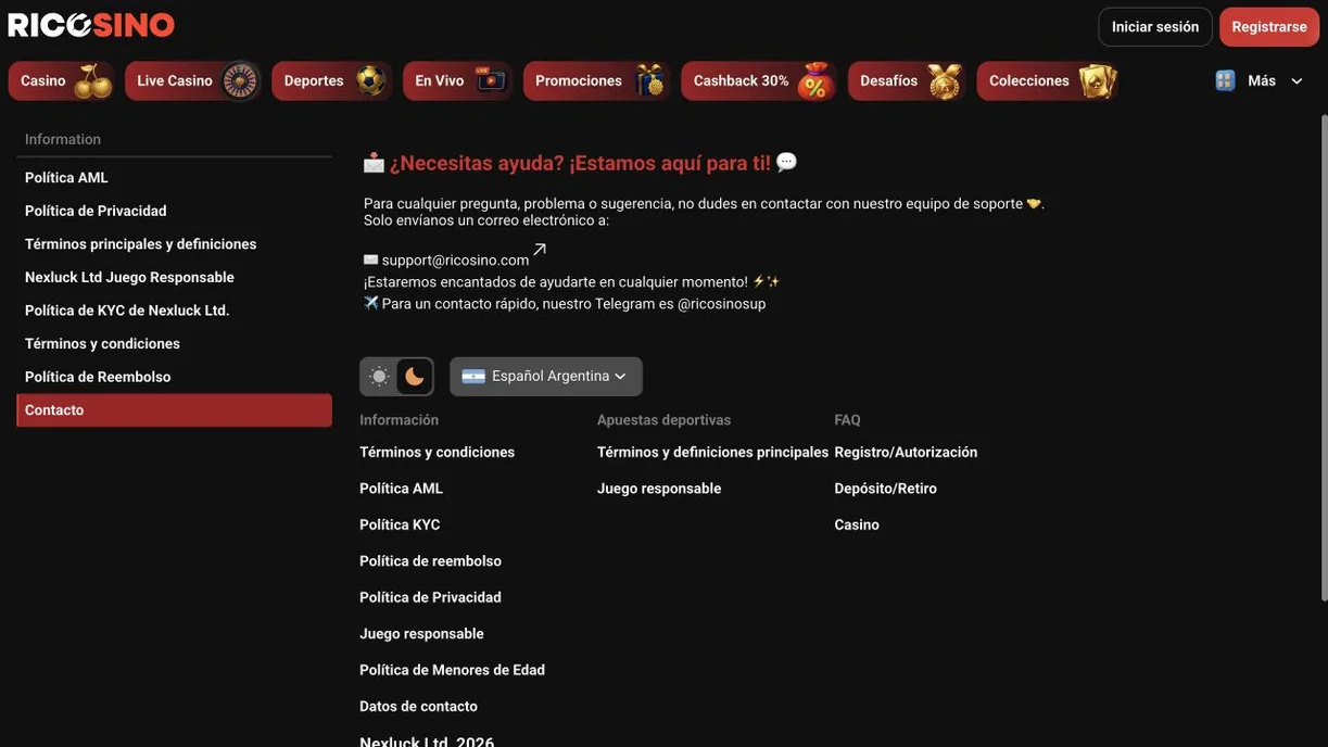 Captura de la página de contacto de ricosino.com en versión Español Argentina con el correo de soporte y el Telegram