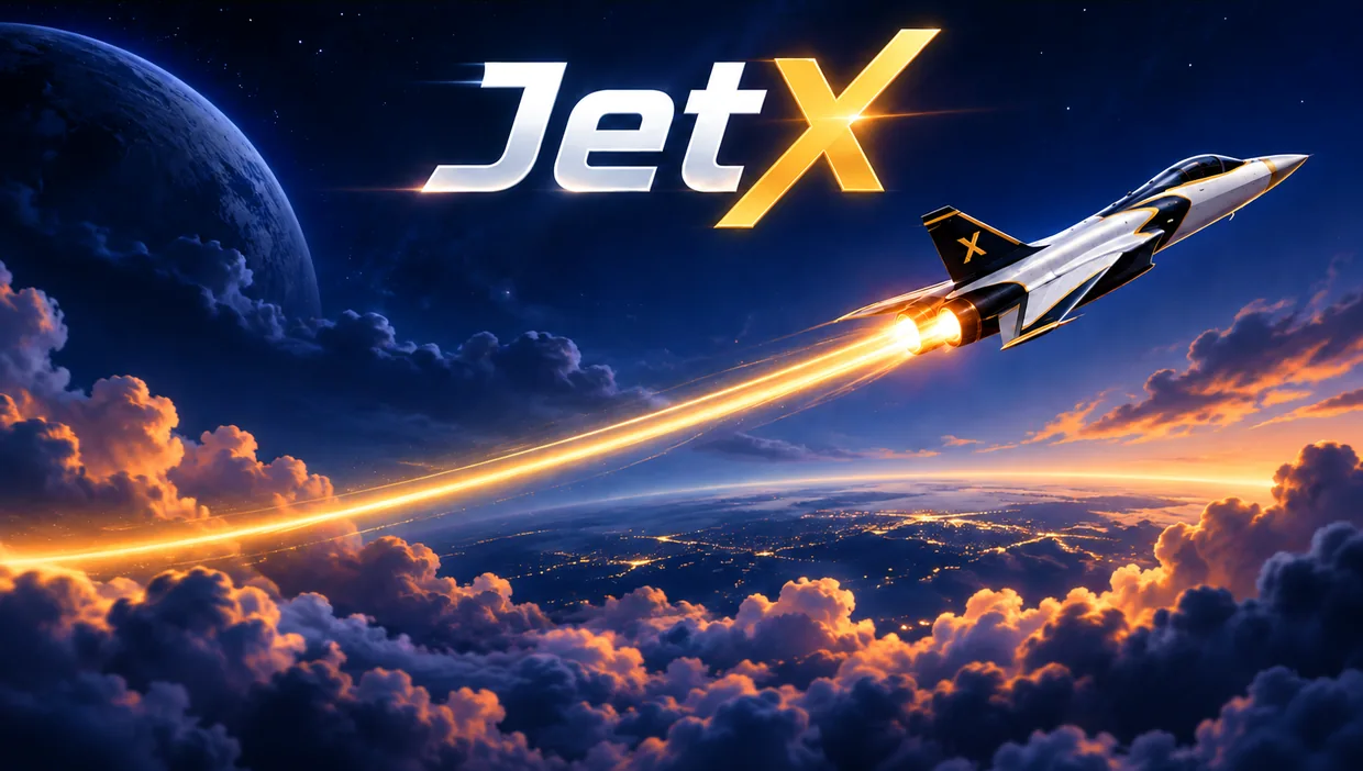 Ilustración editorial de JetX con un avión a reacción y una curva de multiplicador