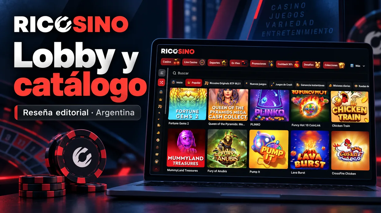 Ilustración editorial con miniaturas del lobby de Ricosino dentro de un marco de pantalla oscuro