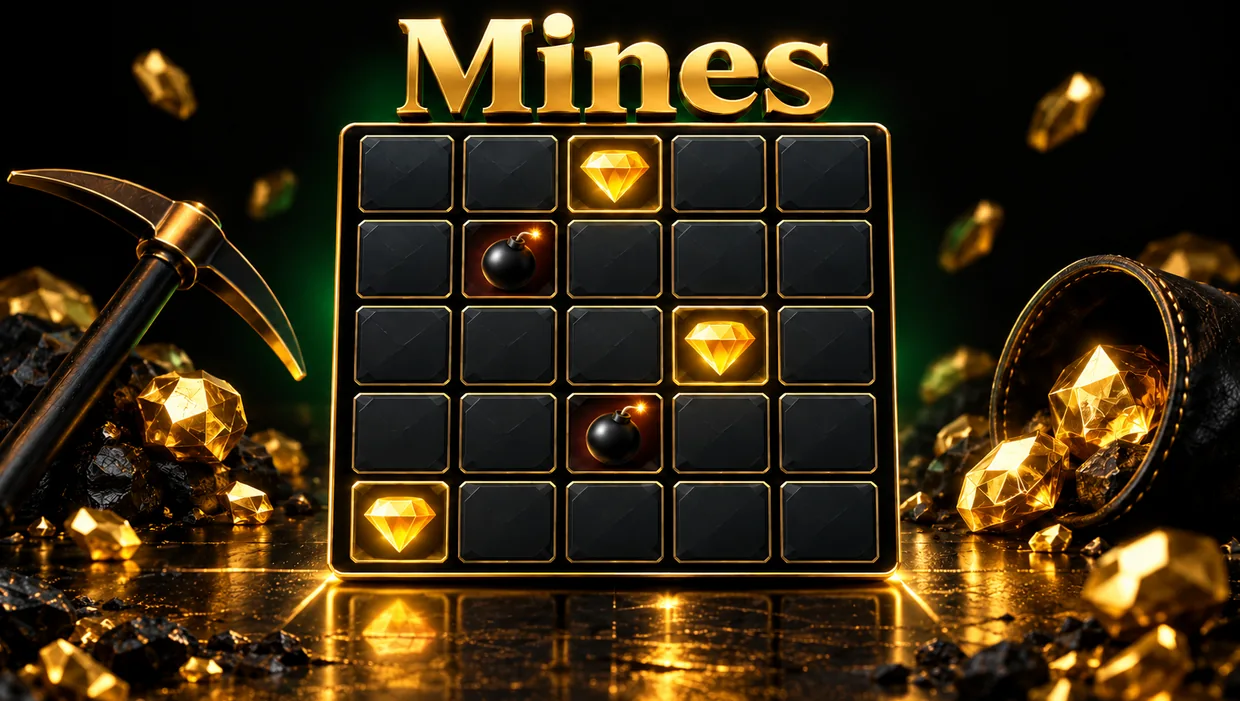 Ilustración editorial de una cuadrícula de Mines con casillas y minas