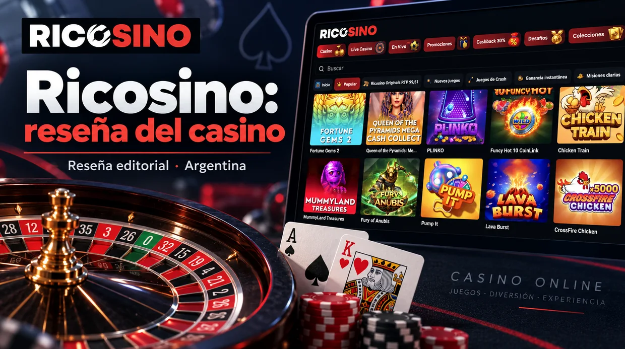Ilustración editorial con el título Ricosino: reseña del casino, una ruleta, cartas y un panel de miniaturas del lobby
