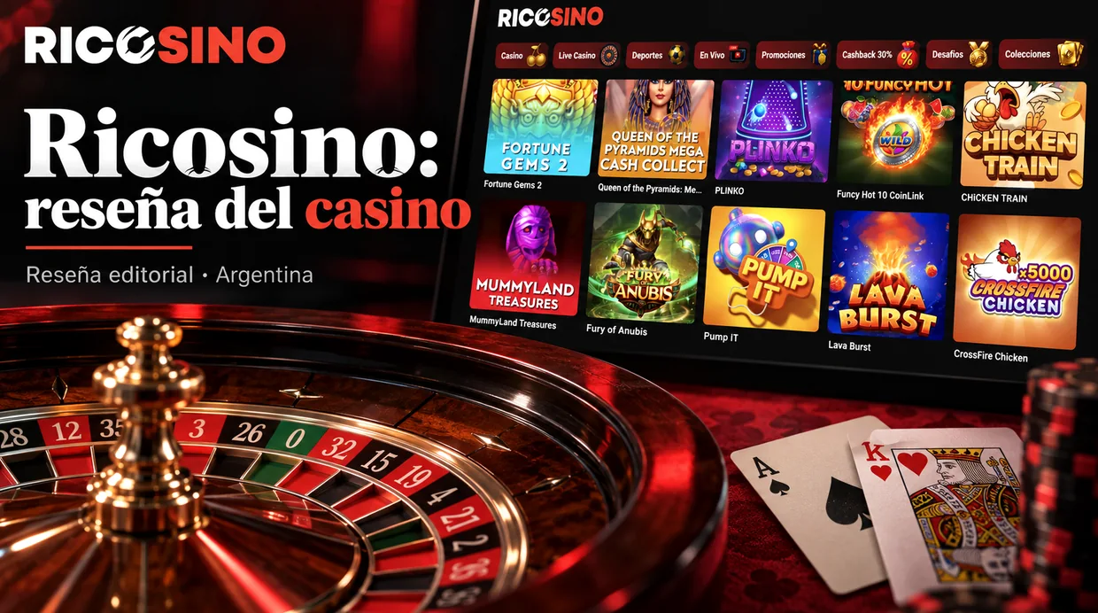 Ilustración editorial con el logo de Ricosino, una ruleta, cartas y un panel de miniaturas del lobby