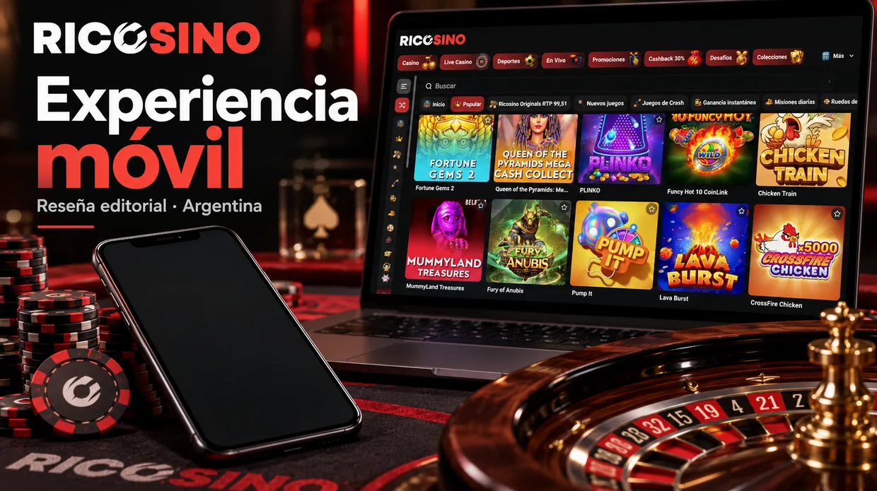 Ilustración editorial de un celular con la pantalla en blanco junto al lobby de escritorio de Ricosino